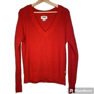 PINK Woven Red V Neck Women’s Sweater Size Small